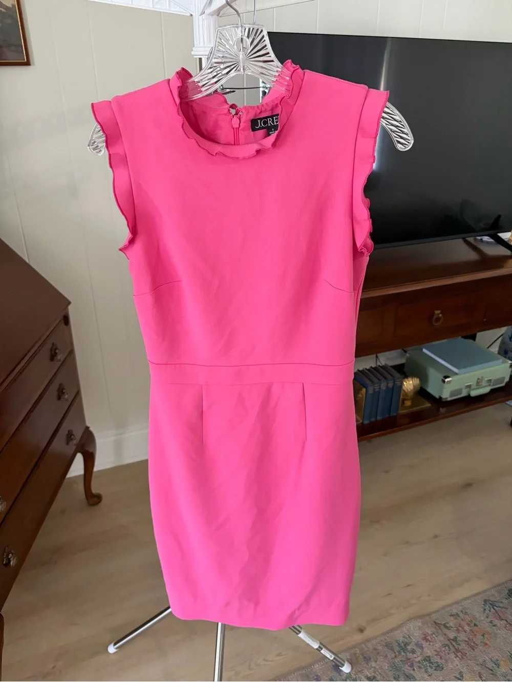 J. Crew Women’s Hot Pink Sheath Dress with Ruffle Neck
